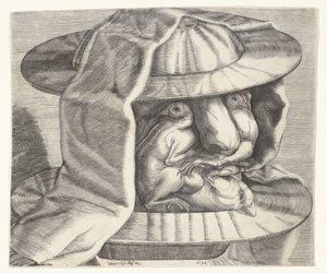 Een groteske kop met helm in de stijl van Arcimboldo door Dominicus Custos