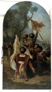 De navigator Christoffel Columbus (Cristoforo Colombo, Cristobal Colon) (1451-1506) bij zijn aankomst in de Nieuwe Wereld in 1492