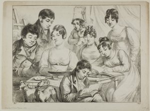 Gesprek, een gezin dat tekent en leest, de verpleegster houdt een baby vast, een portret van prins Edmond de Beauvau achter een stoel, en portretten van Madame Lavallée en Madame Vallory, beiden zittend door Dominique Vivant Denon