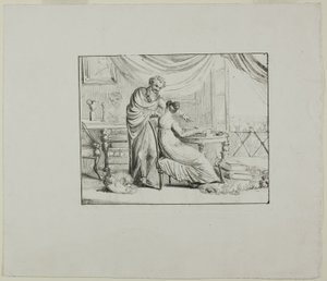 Denon geeft les aan een jonge vrouw die op een lithografische steen tekent