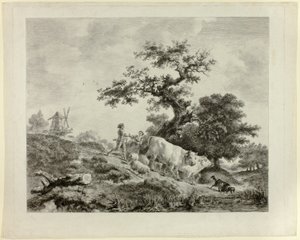 Landschap met windmolen, jonge man en meisje, en twee ossen door Dominique Vivant Denon