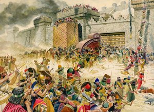 Samaria, vestingstad van Israël, ten prooi gevallen aan de Assyriërs (gouache op papier)