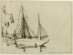 Schets van vissersboten en zeelieden door Donald Shaw MacLaughlan