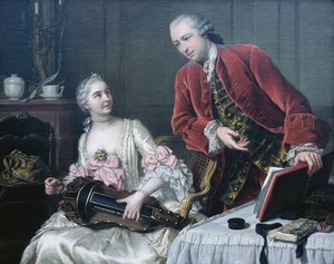 Portret van Monsieur en Madame de Corcelles die Muziek maken in een Interieur door Donat Nonotte
