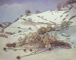 Besneeuwd landschap met stilleven van gedroogde bloemen