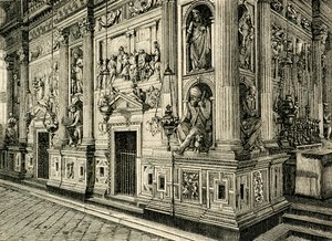 Marmeren scherm van Heilige Huis, ontworpen door Donato Bramante, Heiligdom van Heilige Huis, Loreto, Marche, Italië door Donato Bramante