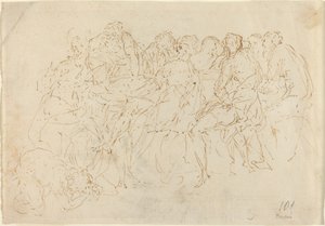 Magdalena Wast de Voeten van Christus met Acht Discipelen die Toekijken (recto)