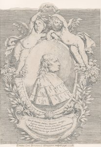 Portret van Giovanni Girolamo Sbaraglia, binnen een ovaal geflankeerd door twee putti op hoorn des overvloeds door Donato Creti