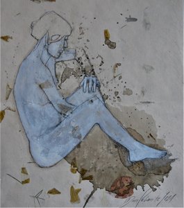 Contemplatieve blauwe figuur