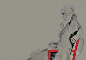 Contemplatieve vrouw in het rood