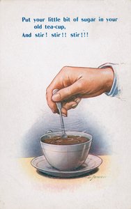 Suiker roeren in een theekopje (kleurenlitho)