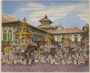 De Kumari Jatra. Drie tempelwagens buiten de Hanuman Dhoka, Kathmandu