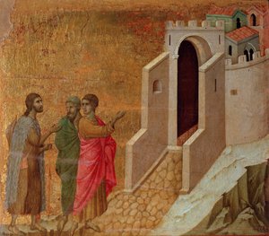 Christus en pelgrims bij de poorten van de stad Emmaüs