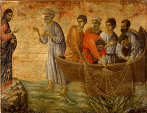 De tweede wonderbaarlijke zonde: de verschijning van Christus aan de apostelen op het Meer van Tiberias door Duccio di Buoninsegna