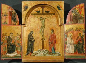 Drieluik: Kruisiging en andere scènes door Duccio di Buoninsegna