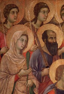 Maagd en kind op de troon, detail met heilige Catharina van Alexandrië en heilige Paulus (detail) door Duccio di Buoninsegna