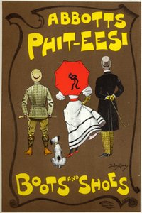 Levensstijl. Mode. Abbots Phit-ees, laarzen- en schoenenwinkel, Londen. Poster door Dudley Hardy, Engeland, ca. 1890 (poster)