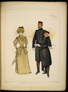 Een van de Gaiety-meisjes en twee officieren van de Life Guards door Dudley Hardy