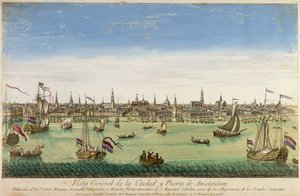 Algemeen Uitzicht op de Haven en Stad van Amsterdam, gravure door D.G. Hucquier, 16e eeuw
