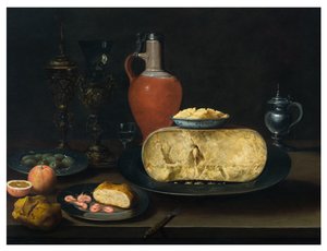 Een stilleven met kaas, boter, brood, garnalen, sinaasappels, olijven en wijn op een tafel