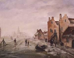 Een winterlandschap met figuren die op de voorgrond schaatsen
