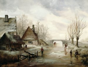 Een winterlandschap met schaatsende figuren op de voorgrond