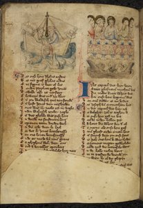 Add. 11575, f.65v Jona en de Walvis, uit Spiegel van der Mensen Behoudenisse (vertaling van de Speculum Humanae Salvationis) door Dutch School