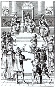 Bekentenis voor herstel voor het tribunaal, naar een houtsnede in Praxis Rerum Criminalium door Joos de Damhouder, gepubliceerd Antwerpen, 1556