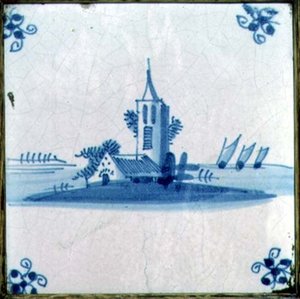 Delfts Tegel met een Kerk en Drie Zeilen door Dutch School