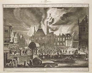 Brand in het oude Amsterdamse stadhuis, 17 juli 1652, uit een boek over Brandbestrijding in Holland, gepubliceerd ca.1700