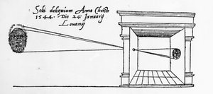 Eerste gepubliceerde illustratie van een camera obscura die een zonsverduistering observeert in januari 1544 door Dutch School