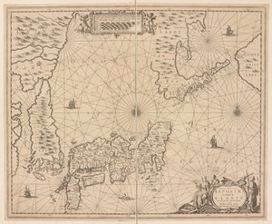 Kaart van Japan, Nova et accurata Japoniae, Terrae Esonis ac Insularum adjacentium ex nivissima detectione descriptio door Dutch School