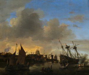 Talrijke schepen in een Nederlandse haven door Dutch School
