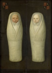 Portret van ingebakerde tweelingen: De vroeg overleden kinderen van Jacob de Graeff en Aeltge Boelens, ca. 1617 door Dutch School