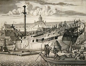 Schip dat in brand vloog voor het Marine Arsenal van de Nederlandse Oost-Indische Compagnie door Dutch School