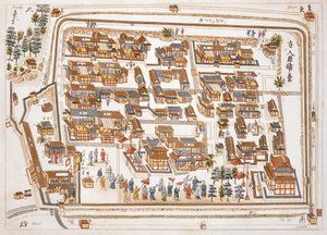 De Chinese fabriek in de straat van Teng-chan bij Nagasaki, opgericht 1688, uit Illustrations of Japan door Isaac Titsingh (ca. 1740-1812), gepubliceerd Londen, 1822