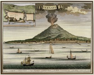 Het eiland Ternate, Molukken, Indonesië, illustratie uit Oud Nieuw Oost-Indien, 1724-26 door Dutch School