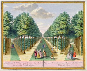Uitzicht op het bos naar het huis en de twee zijlanen, Watervliet, uit Het Zegenpralent Kennemerlant, door Hendrick de Leth en Matthias Brouerius Van Nidek, gepubliceerd ca. 1700-1730