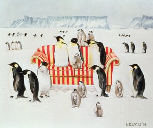 Pinguïns op een rood-witte bank