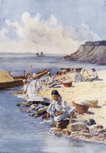 Koreaanse vrouwen wassen kleren in een rivier door E.H. Fitchew