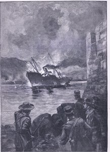 De Spaans-Amerikaanse Oorlog: Het zinken van de Merrimac, illustratie uit Cassells Geschiedenis van Engeland, 1900s