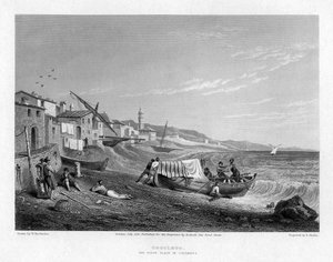 Cogoleto, de geboorteplaats van Columbus, Italië, 1828 door E. Finden