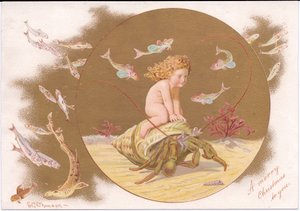 Een Victoriaanse kerstkaart van een heremietkreeft in een schelp bereden door een waterbaby omringd door een school vissen, c.1895 door E. Gertrude Thompson