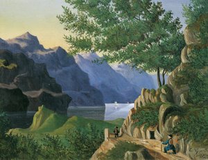 Bergmeer met wandelaar