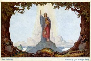 Geschiedenis. Unie van Oostenrijk en Duitsland. Allegorie door E. Kutzer, Oostenrijk, ca. 1920 (ansichtkaart) door E. Kutzer