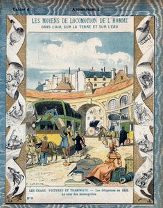 Diligence in 1840 - de binnenplaats van de koeriersdiensten - Stagecoach in 1840 - Van een beschermhoes voor schoolboeken, eind 19e eeuw - illustratie door E. Letellier - Bescherm historisch notitieboek, eind 19e eeuw door E. Letellier