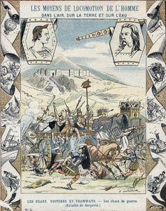 Gallische oorlogswagens bij de Slag om Gergovia - Van een beschermhoes voor schoolboeken, eind 19e eeuw - Tanks de guerre a faux - Vercingetorix bij de slag om Gergovia (52 v.Chr.) tijdens de oorlog van de Galliërs - illustratie door E Letellier - Bescherm