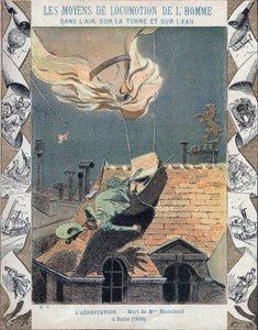 De dood van Marie Blanchard, vrouw van luchtvaartpionier Jean Pierre Blanchard, toen haar ballon vlam vatte tijdens een demonstratie boven Parijs, 6 juni 1819 - Van een beschermhoes voor schoolboeken, eind 19e eeuw - Dood van Madame Blanchard - op 16 juli  door E. Letellier