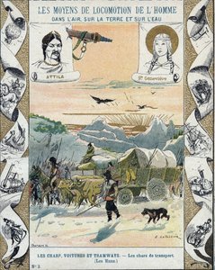 Transporttanks - De Hunnen van Attila (ca. 395-453) - Barbarse invasies - illustratie door E Letellier - Beschermt historisch notitieboek, eind 19e eeuw door E. Letellier