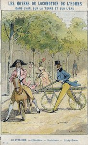 Velocipedes - Engelse celerifere - Draisienne, voorloper van de fiets - Van een beschermhoes voor schoolboeken, late 19e eeuw - illustratie door E Letellier - Celerifere - Draisienne - Hobby-Horse (Nobby Horse) - Bescherm historische notitieboek, eind 19e 
